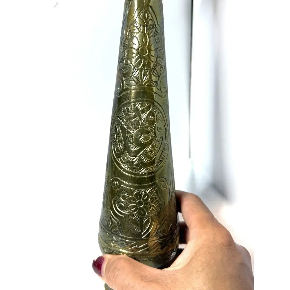 Vintage Brass Engraved Vases Set of 2 Arabic Motif Etched Brass Bud Vases 10” 11